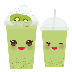 Kiwi Take-out smoothie transparent plastic cup with straw and whipped cream. Kawaii cute face with eyes and smile  Isolated on white background. Vector