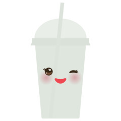 Take-out smoothie transparent plastic cup with straw and whipped cream. Kawaii cute face with eyes and smile  Isolated on white background. Vector