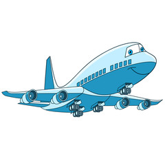 Cartoon flying plane transport. Passenger aircraft (airliner), isolated on white background. Childish vector illustration and colorful book page for kids.