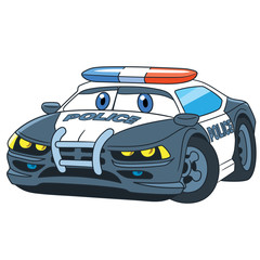 Cartoon emergency transport. Police car, isolated on white background. Childish vector illustration and colorful book page for kids.