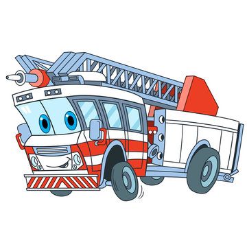 Cartoon emergency transport. Fire truck, isolated on white background. Childish vector illustration and colorful book page for kids.
