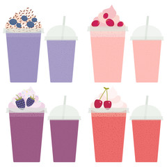 Cherry Cranberry Blueberry Blackberry Take-out smoothie transparent plastic cup with straw and whipped cream. Isolated on white background. Vector