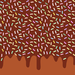 Dripping Melted chocolate Glaze with sprinkles. Brown background for your text. Vector