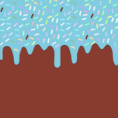Dripping Melted blue Glaze with sprinkles. Brown chocolate background for your text. Vector