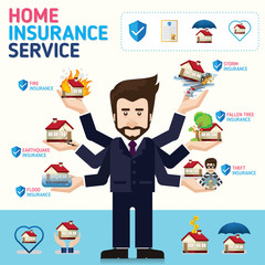 Home insurance business service icons template. Can be used for workflow layout, banner, diagram, number options, web design, timeline, infographics.Vector illustration.