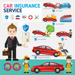 Car insurance business service icons template. Can be used for workflow layout, banner, diagram, number options, web design, timeline, info graphics.Vector illustration.