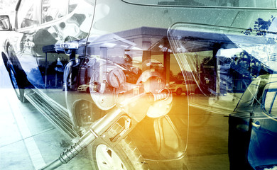 Car refueling on petrol station. Fuel pump with gasoline. econom