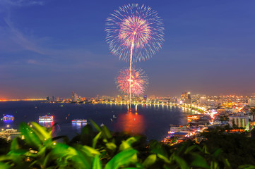 Fireworks over sea at Pattaya city, Thailand