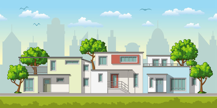 Illustration of modern family houses with trees