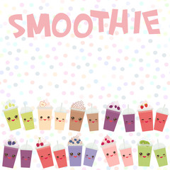 Choose your smoothies. card design Takeout blueberry raspberry strawberry kiwi apple cherry grapes smoothie transparent plastic cup with straw and whipped cream. Isolated on white background. Vector