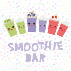 Choose your smoothies. card design Takeout kiwi strawberry raspberry blueberry smoothie transparent plastic cup with straw and whipped cream. Isolated on white background. Vector