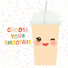 Choose your smoothies. card design smoothie bar transparent plastic cup with straw. Isolated on white background. Vector
