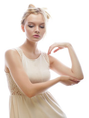 Portrait of a beautiful female model on white background