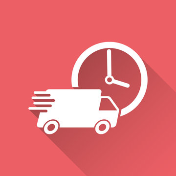 Delivery 24h truck with clock vector illustration. 24 hours fast delivery service shipping icon. Simple flat pictogram for business, marketing or mobile app internet concept on red background