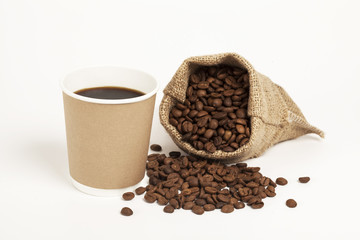 Paper cup of coffee on white background