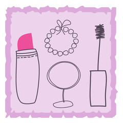 Четыре предмета из косметички на розовом фоне