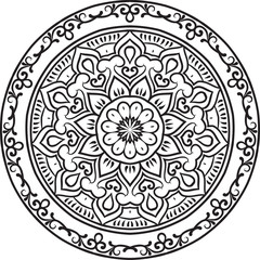 Drawing of a abstract vector with floral round lace mandala, decorative element in ethnic tribal style, black line art on a white background
