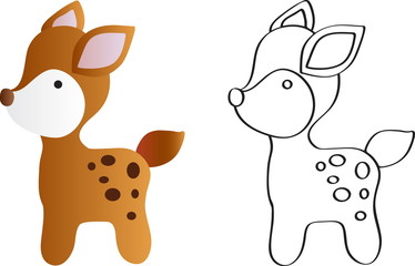 drawing of a cartoon cute toy baby deer - in color and line art