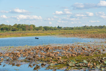 Man fishing from the boat on river