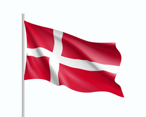 Waving flag of Denmark state. Illustration of European country flag on flagpole. Vector 3d icon isolated on white background
