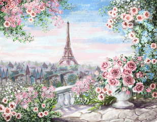 Obraz olejny, lato w Paryżu. łagodny krajobraz miasta. kwiat róży i liści. Widok z balkonu. Wieża Eiffla, Francja, tapeta. akwarela sztuka współczesna - 132564466