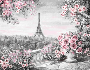 Obraz olejny, lato w Paryżu. łagodny krajobraz miasta. kwiat róży i liści. Widok z góry na balkon. Wieża Eiffla, Francja, tapeta. akwarela sztuka współczesna. Szary i różowy - 132564816