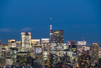 東京都市風景　夜景　東京スカイツリー　虎ノ門ヒルズ　高層ビル群