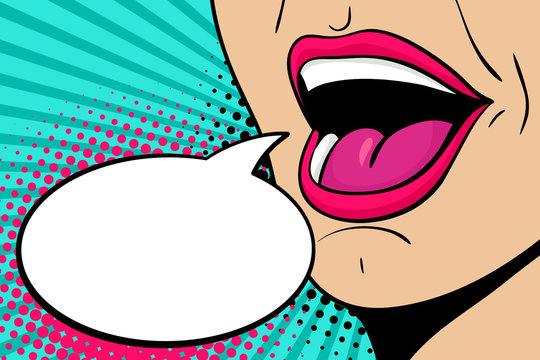 Sexy open female mouth screaming announcement and empty speech bubble.  Vector bright background in comic retro pop art style. Stock Vector | Adobe  Stock