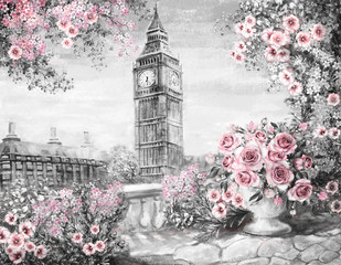 Obraz olejny, lato w Londynie. łagodny krajobraz miasta. kwiat róży i liści. Widok z góry na balkon. Big Ben, Anglia, tapeta. akwarela sztuka współczesna. Szary, różowy - 132565293
