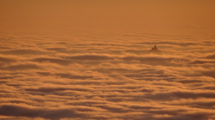 Winter view from Jested hill, Liberec District, Czech Republic. Bezdez ruin , inversion, clouds