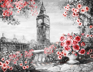 Obraz olejny, lato w Londynie. łagodny krajobraz miasta. kwiat róży i liści. Widok z balkonu. Big Ben, Anglia, tapeta. akwarela sztuka współczesna. Czerwony. czarny i biały - 132565606