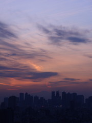 Fototapeta premium Shinjuku cityscape and Mt. Fuji silhouette at twilight in Tokyo, JAPAN.