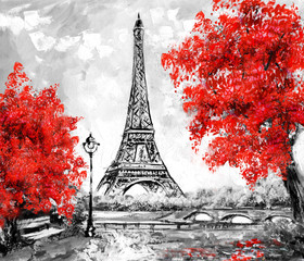 Oil Painting, Paris. european city landscape. France, Wallpaper, eiffel tower. Black, white and red, Modern art - obrazy, fototapety, plakaty