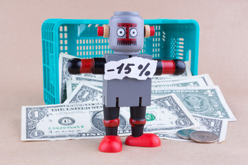 Fifteen percent off word with standing robot