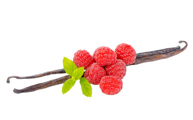 composition of vanilla pods with green leaves mint and red ripe