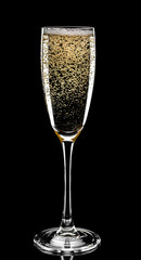 glass of champagne isolated on black background, close up
