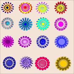 set of sixteen objects painted colors with lots of mauve petals, blue, red and yellow