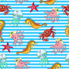 Seamless Pattern with Marine life Stripes