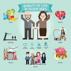 Quality of life in older ages. Senior man and woman activities. Senior citizen. Info-graphic inspire to drive your business project. Vector illustration. 