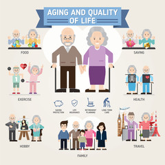 Quality of life in older ages. Senior man and woman activities. Senior citizen. Info-graphic inspire to drive your business project. Vector illustration. 