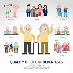 Quality of life in older ages. Senior man and woman activities. Senior citizen. Info-graphic inspire to drive your business project. Vector illustration. 