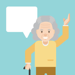Old woman having a conversation. Senior woman talking with bubble. Senior citizen. Info-graphic inspire to drive your business project. Vector illustration. 