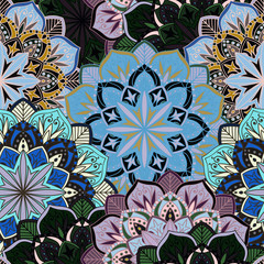 Seamless round ornament pattern for printing on fabric or paper. Hand drawn background. Elements for your design.
