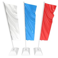 Flag Blank Expo Banner Stand. Trade show booth. 3d render illustration isolated on white background. Template mockup for your expo design.