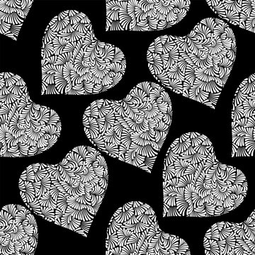 Silver hearts seamless vector pattern. Shiny silver and black Valentines day background. Doodle hearts ornament. Texture of silver foil.