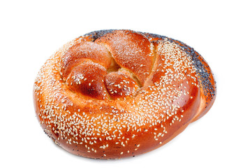 Freshly baked bread with poppy and sesame seeds on white 