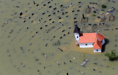 Flooded church and graveyard