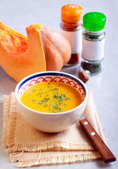 Spicy pumpkin soup served