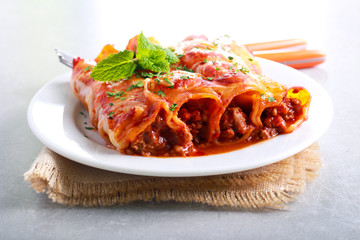 Beef cannelloni with tomato sauce