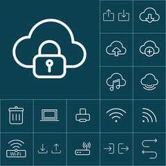thin line secure cloud icon on blue background, web internet ico